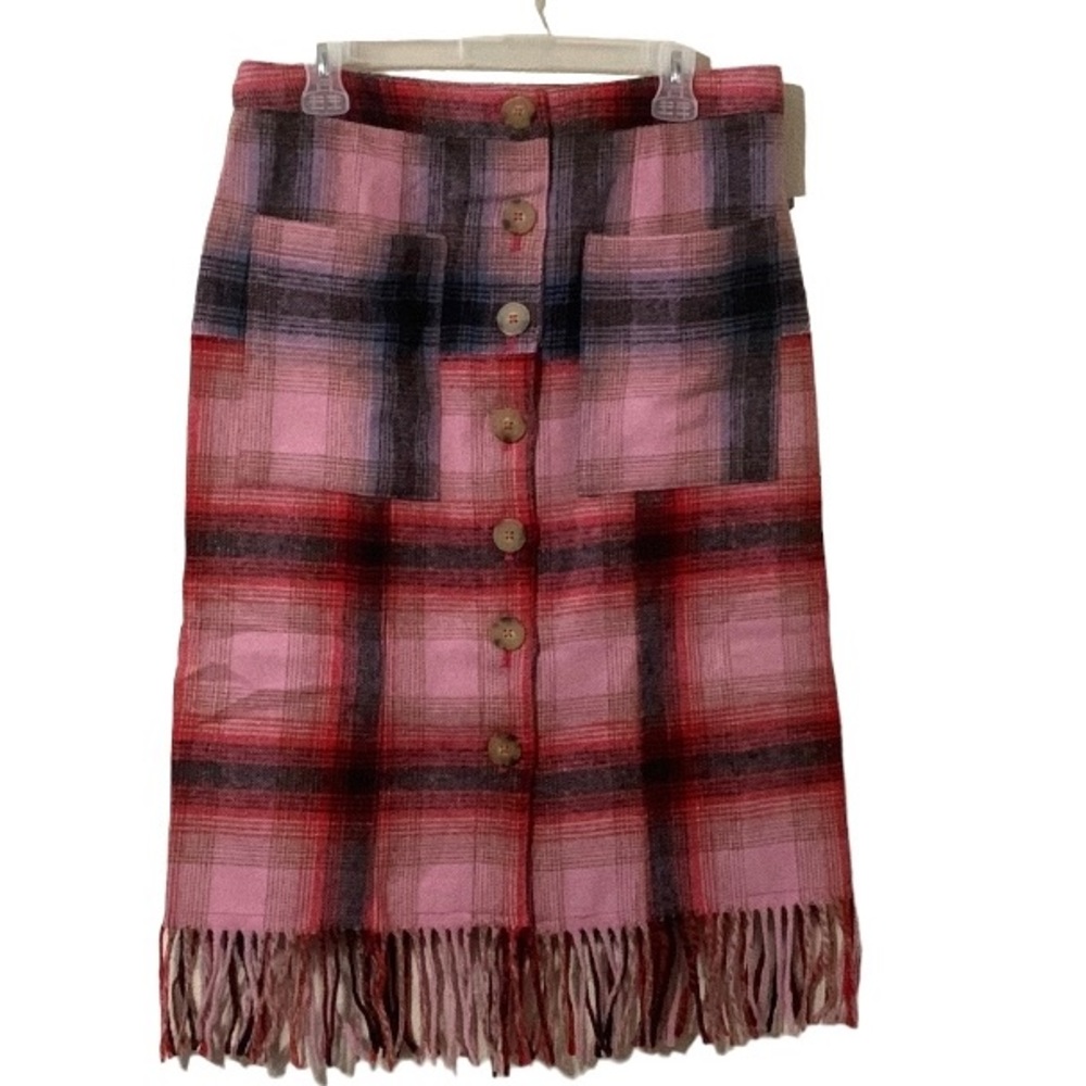Anthropologie Maeve Wool Blend Fringed Plaid Skirt Size 14